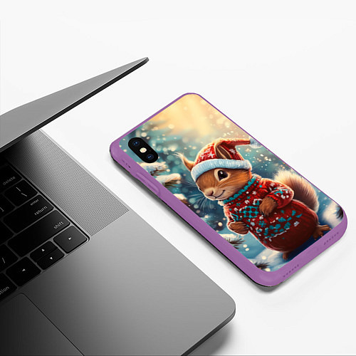 Чехол iPhone XS Max матовый Новогодняя белочка в лесу / 3D-Фиолетовый – фото 3