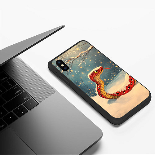 Чехол iPhone XS Max матовый Изящная змея в новогоднем лесу / 3D-Черный – фото 3