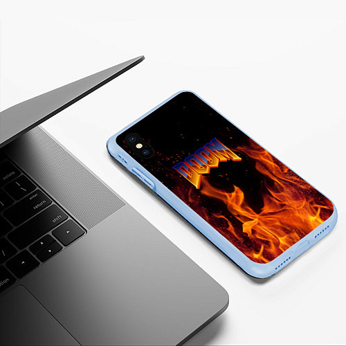 Чехол iPhone XS Max матовый Doom fire steel logo / 3D-Голубой – фото 3