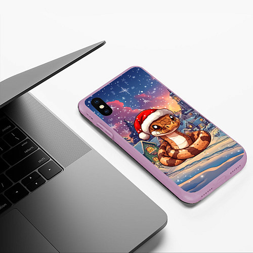 Чехол iPhone XS Max матовый Новогодняя змейка в праздничном городе / 3D-Сиреневый – фото 3