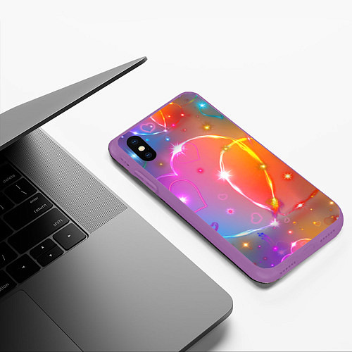 Чехол iPhone XS Max матовый Неоновые сердца со звездочками / 3D-Фиолетовый – фото 3