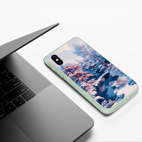 Чехол iPhone XS Max матовый Японская зима в сельской местности / 3D-Салатовый – фото 3