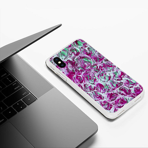 Чехол iPhone XS Max матовый Зеленые и фиолетовые цветные пятна / 3D-Белый – фото 3