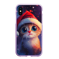 Чехол iPhone XS Max матовый Котик новогодний в шапочке, цвет: 3D-сиреневый