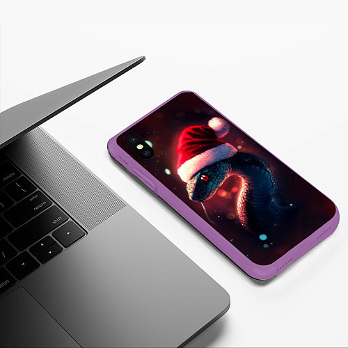 Чехол iPhone XS Max матовый Змея в новогодней шапке / 3D-Фиолетовый – фото 3