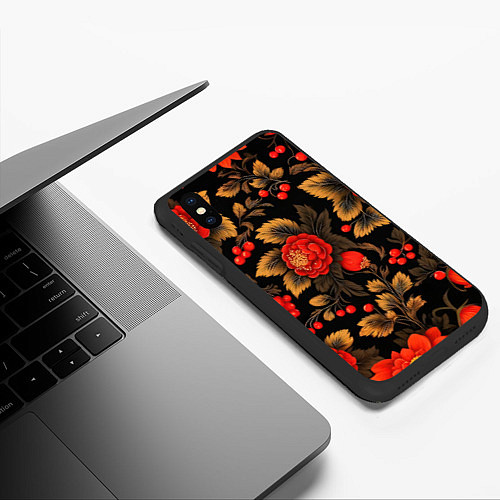 Чехол iPhone XS Max матовый Русская хохлома, цветы, паттерн / 3D-Черный – фото 3