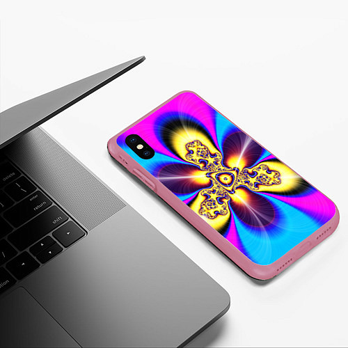 Чехол iPhone XS Max матовый Фрактальный неоновый узор абстракция / 3D-Малиновый – фото 3