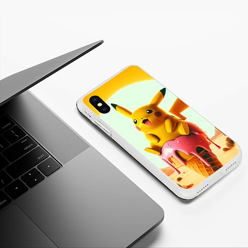 Чехол iPhone XS Max матовый Пикачу сидит на мороженом в пустыне / 3D-Белый – фото 3