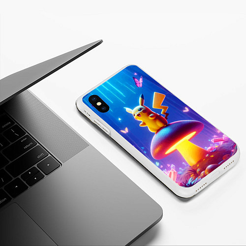 Чехол iPhone XS Max матовый Пикачу на грибе в сказочном лесу - фантазия / 3D-Белый – фото 3