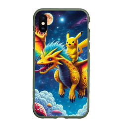 Чехол iPhone XS Max матовый Pikachu on a fabulous dragon - neon glow, цвет: 3D-темно-зеленый