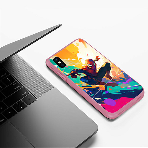 Чехол iPhone XS Max матовый Человек-паук на ярком фоне / 3D-Малиновый – фото 3