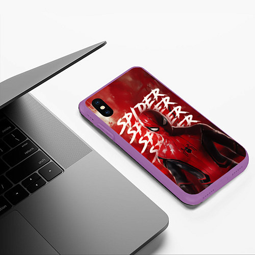 Чехол iPhone XS Max матовый Spider-man red background / 3D-Фиолетовый – фото 3