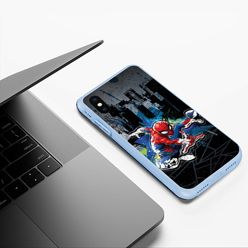 Чехол iPhone XS Max матовый Spider-man over the city / 3D-Голубой – фото 3