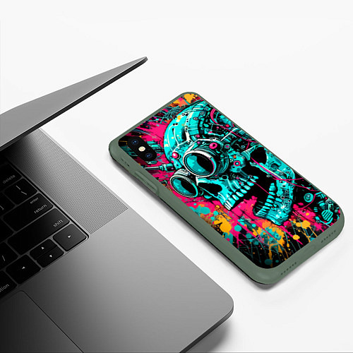 Чехол iPhone XS Max матовый Cyber skull sketch - color blots / 3D-Темно-зеленый – фото 3