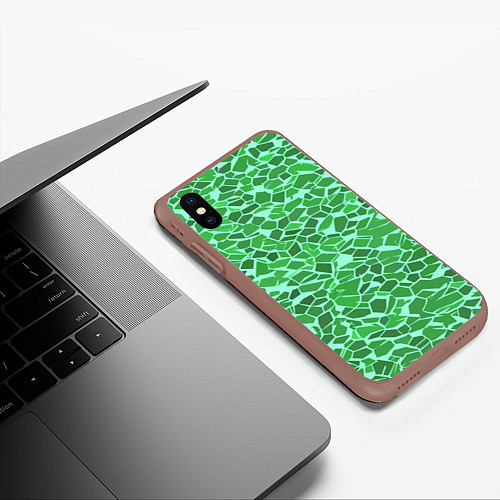 Чехол iPhone XS Max матовый Зелёные плитки на салатовом фоне / 3D-Коричневый – фото 3