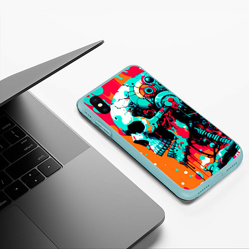 Чехол iPhone XS Max матовый Cyber skull sketch - ai art fantasy / 3D-Мятный – фото 3