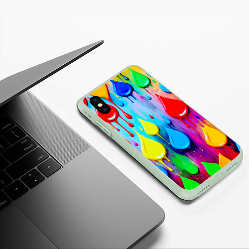 Чехол iPhone XS Max матовый Капли красок стекают по стене / 3D-Салатовый – фото 3