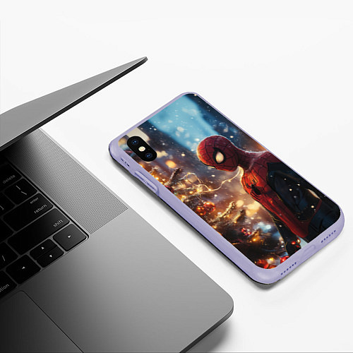 Чехол iPhone XS Max матовый Spider-man new year / 3D-Светло-сиреневый – фото 3