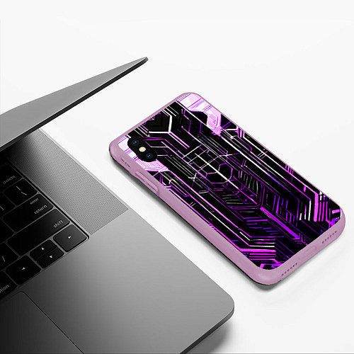 Чехол iPhone XS Max матовый Purple lines on a black background / 3D-Сиреневый – фото 3