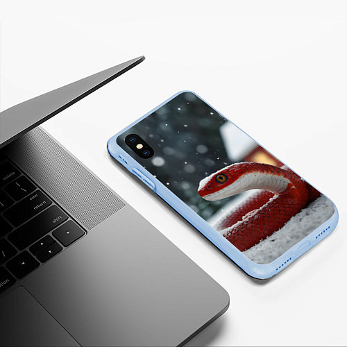 Чехол iPhone XS Max матовый Новогодняя красная змея / 3D-Голубой – фото 3