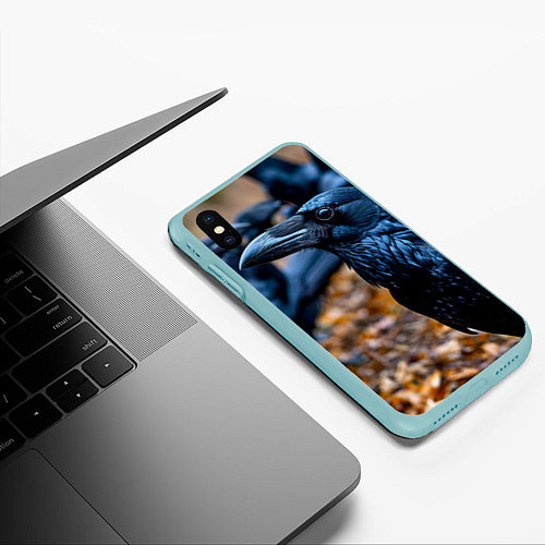 Чехол iPhone XS Max матовый Ворон в лесу / 3D-Мятный – фото 3