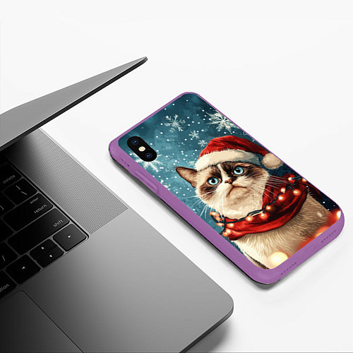 Чехол iPhone XS Max матовый Уставший новогодний кот / 3D-Фиолетовый – фото 3