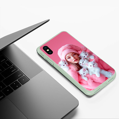 Чехол iPhone XS Max матовый Розовая снегурочка с белыми котятами / 3D-Салатовый – фото 3