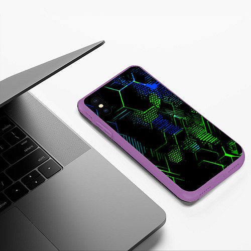 Чехол iPhone XS Max матовый Сине-зелёные точки и линии на чёрном фоне / 3D-Фиолетовый – фото 3