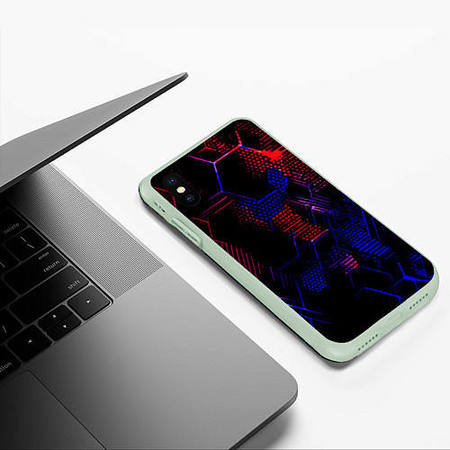 Чехол iPhone XS Max матовый Красно-синие точки и линии на чёрном фоне / 3D-Салатовый – фото 3