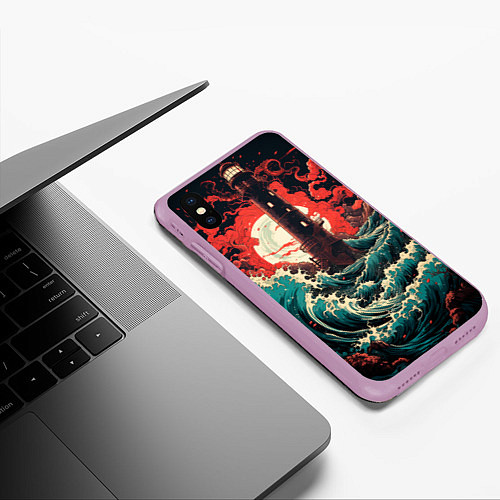 Чехол iPhone XS Max матовый Маяк и волны в японском стиле / 3D-Сиреневый – фото 3