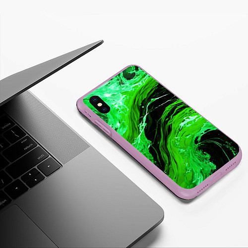 Чехол iPhone XS Max матовый Зелёные брызги на чёрном фоне / 3D-Сиреневый – фото 3