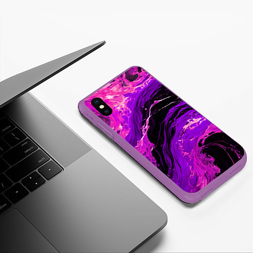 Чехол iPhone XS Max матовый Фиолетовые брызги на чёрном фоне / 3D-Фиолетовый – фото 3