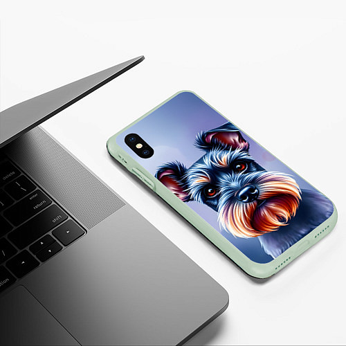 Чехол iPhone XS Max матовый Цвергшнауцер на синем фоне / 3D-Салатовый – фото 3