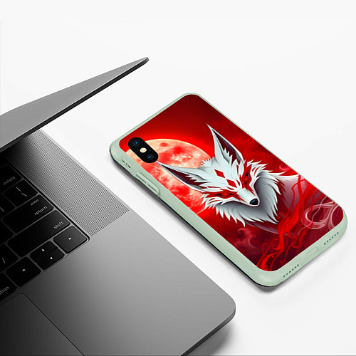 Чехол iPhone XS Max матовый Японская лиса на красном / 3D-Салатовый – фото 3