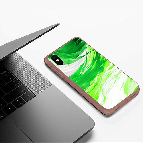 Чехол iPhone XS Max матовый Зелёные волны на белом фоне / 3D-Коричневый – фото 3