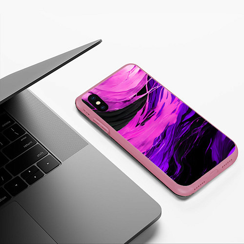 Чехол iPhone XS Max матовый Фиолетовые волны на чёрном фоне / 3D-Малиновый – фото 3