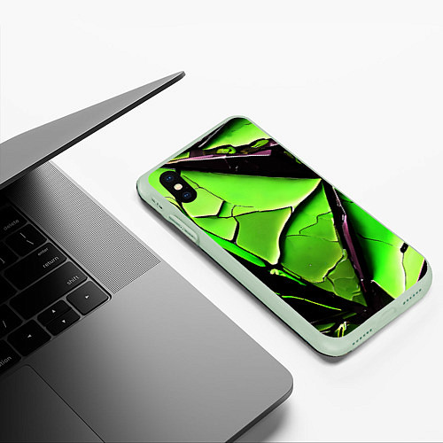 Чехол iPhone XS Max матовый Чёрные трещины на зелёном фоне / 3D-Салатовый – фото 3