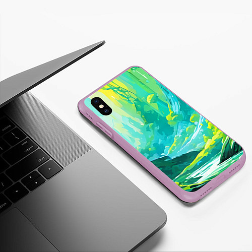 Чехол iPhone XS Max матовый Зелёная кислотная абстракция / 3D-Сиреневый – фото 3