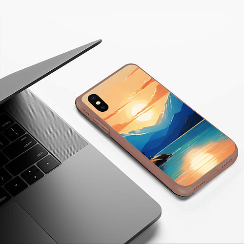 Чехол iPhone XS Max матовый Солнце озеро и горы / 3D-Коричневый – фото 3