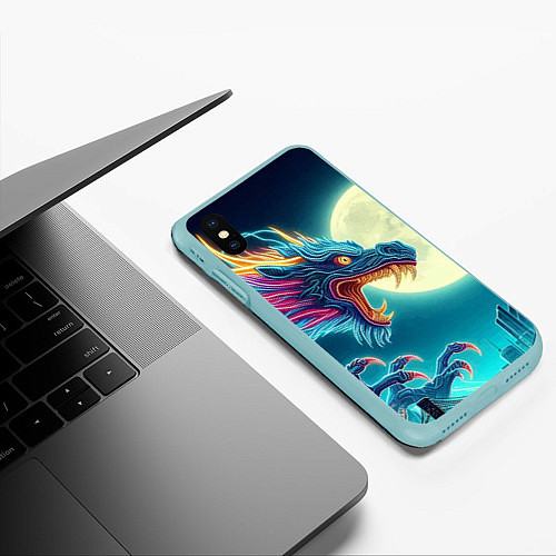 Чехол iPhone XS Max матовый Японский свирепый дракон на фоне луны / 3D-Мятный – фото 3