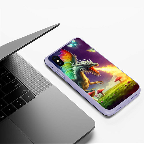 Чехол iPhone XS Max матовый Огнедышащий дракон на грибной поляне / 3D-Светло-сиреневый – фото 3