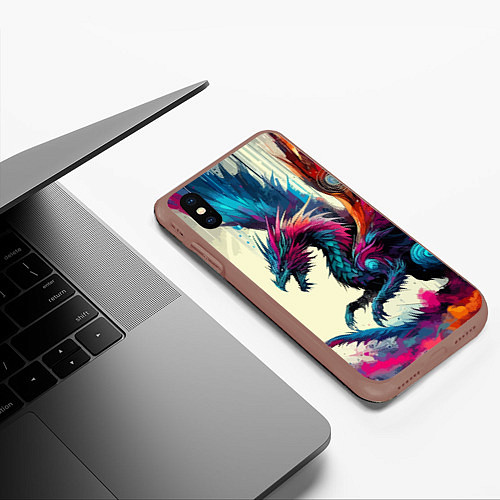 Чехол iPhone XS Max матовый Крылатый дракон - акварель / 3D-Коричневый – фото 3