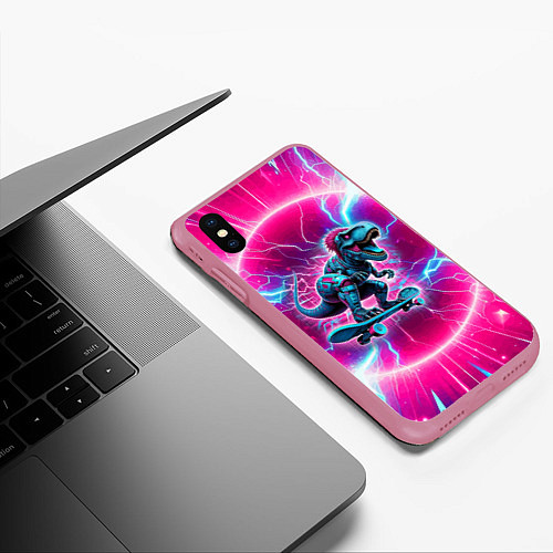 Чехол iPhone XS Max матовый Cyber tyrannosaurus is a cool skateboarder / 3D-Малиновый – фото 3