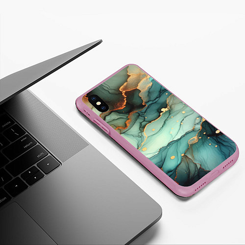 Чехол iPhone XS Max матовый Бирюзовый узор с оранжевыми вставками / 3D-Розовый – фото 3