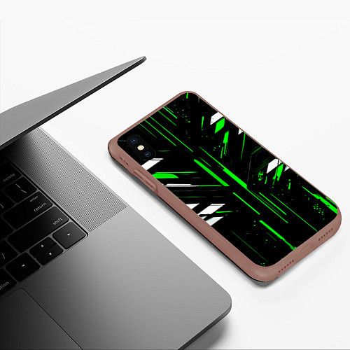 Чехол iPhone XS Max матовый Зелёно-белые полосы и точки на чёрном фоне / 3D-Коричневый – фото 3