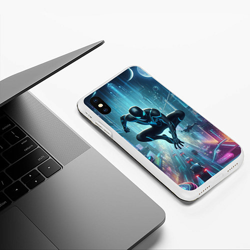 Чехол iPhone XS Max матовый Spider-man in the neon metropolis / 3D-Белый – фото 3