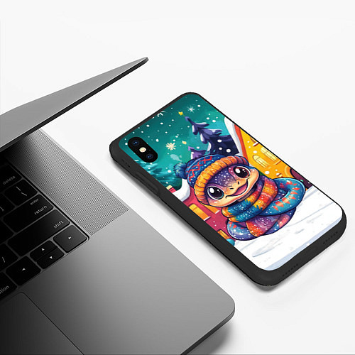 Чехол iPhone XS Max матовый Змейка на фоне новогодних домиков / 3D-Черный – фото 3