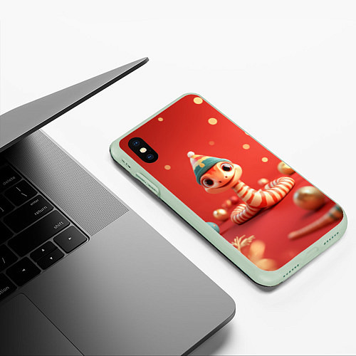 Чехол iPhone XS Max матовый Змейка в красном новогоднем интерьере / 3D-Салатовый – фото 3