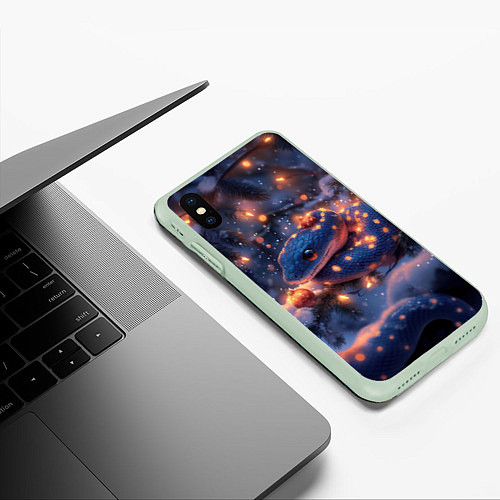 Чехол iPhone XS Max матовый Синяя змея в огоньках / 3D-Салатовый – фото 3