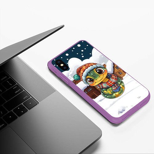 Чехол iPhone XS Max матовый Новогодняя змейка в шарфике / 3D-Фиолетовый – фото 3